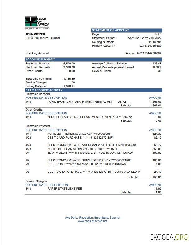 Modèle Excel et PDF de relevé bancaire de la Burundi Bank of Africa (AutoSum)